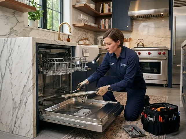 Appliance Repair Hero technician servicing a built-in dishwasher in a Blauvelt, NY kitchen