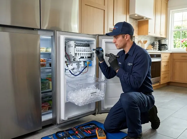 Appliance Repair Hero technician repairing a refrigerator ice maker in Blauvelt, NY