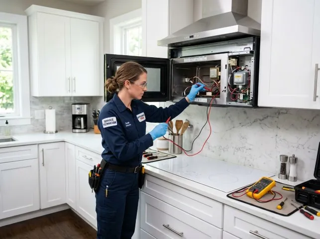 Appliance Repair Hero technician testing an over-the-range microwave in a Blauvelt, NY kitchen